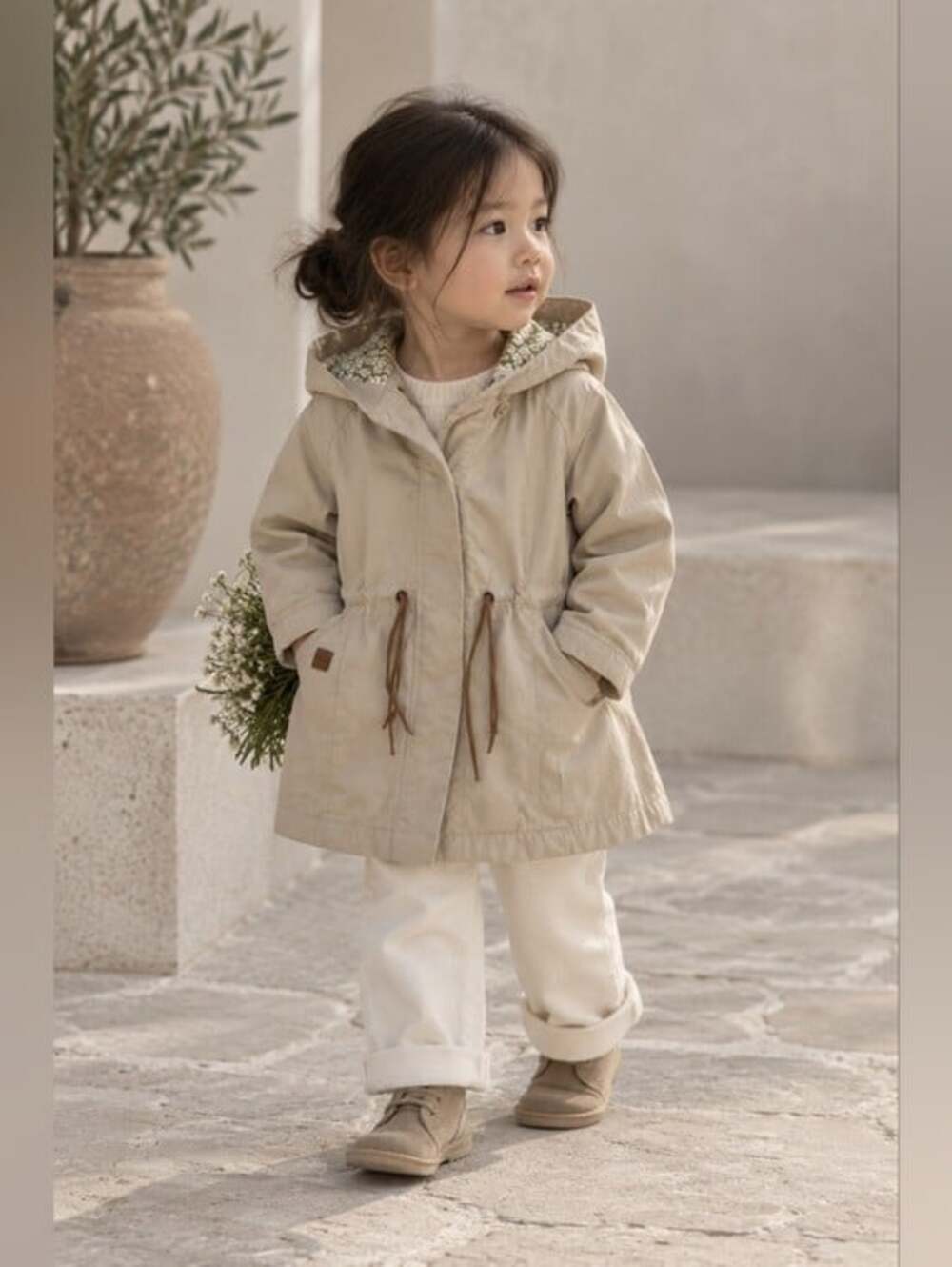 Zara Baby Girls Beige Hooded Parka Jacket Floral Lined 2-3Y Classic Preppy